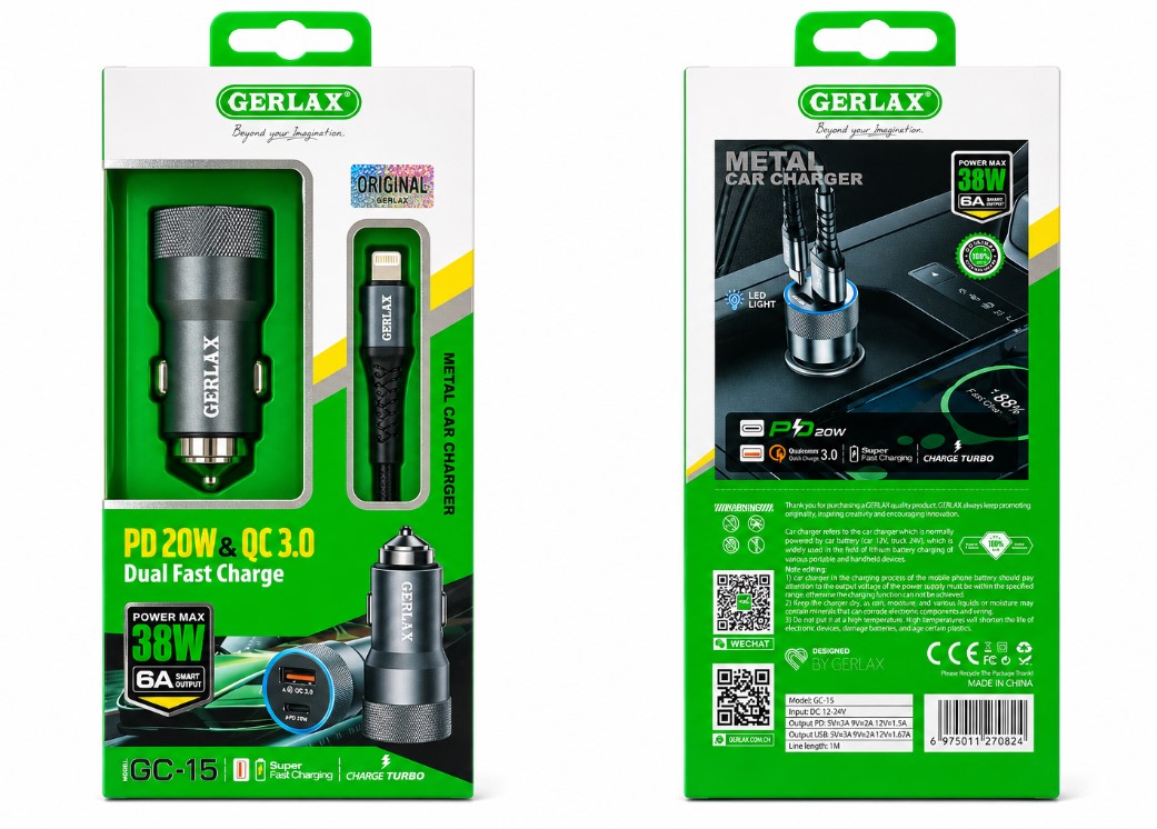 Gerlax GC15 Car Charger set C to IP