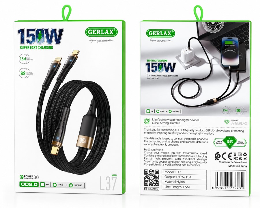 GERLAX (Model L37) 150W  Type-C to Type-C + Lightening