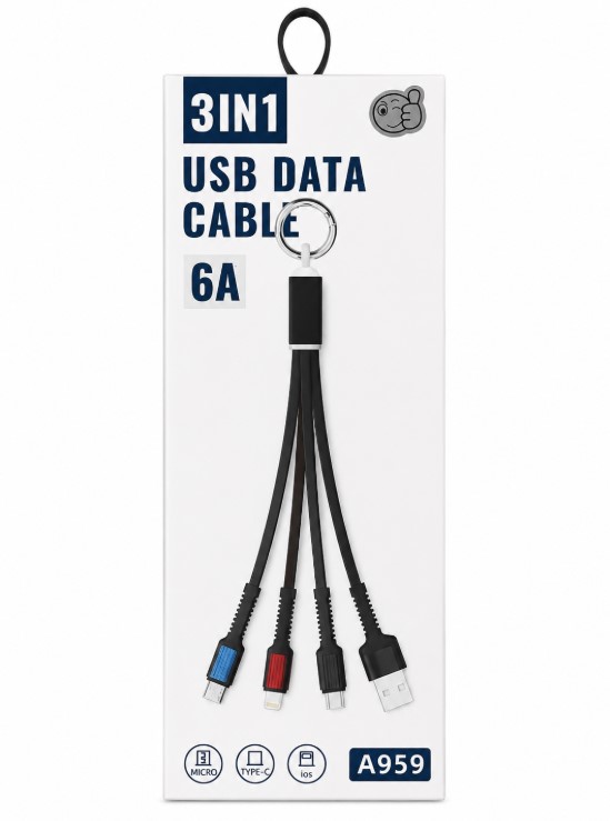 3-in-1 Keychain USB Data Cable (USB, Type-C, Lightening, & Micro)