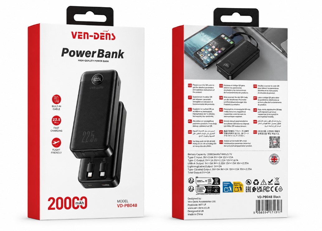 VEN-DENS 20000mAh  Power Bank with Built-in Cables (VD-PB048)