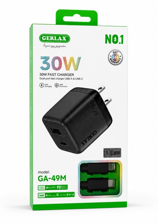 GERLAX 30W Fast Charger Set with USB-C to Lightning Cable (GA-49M)