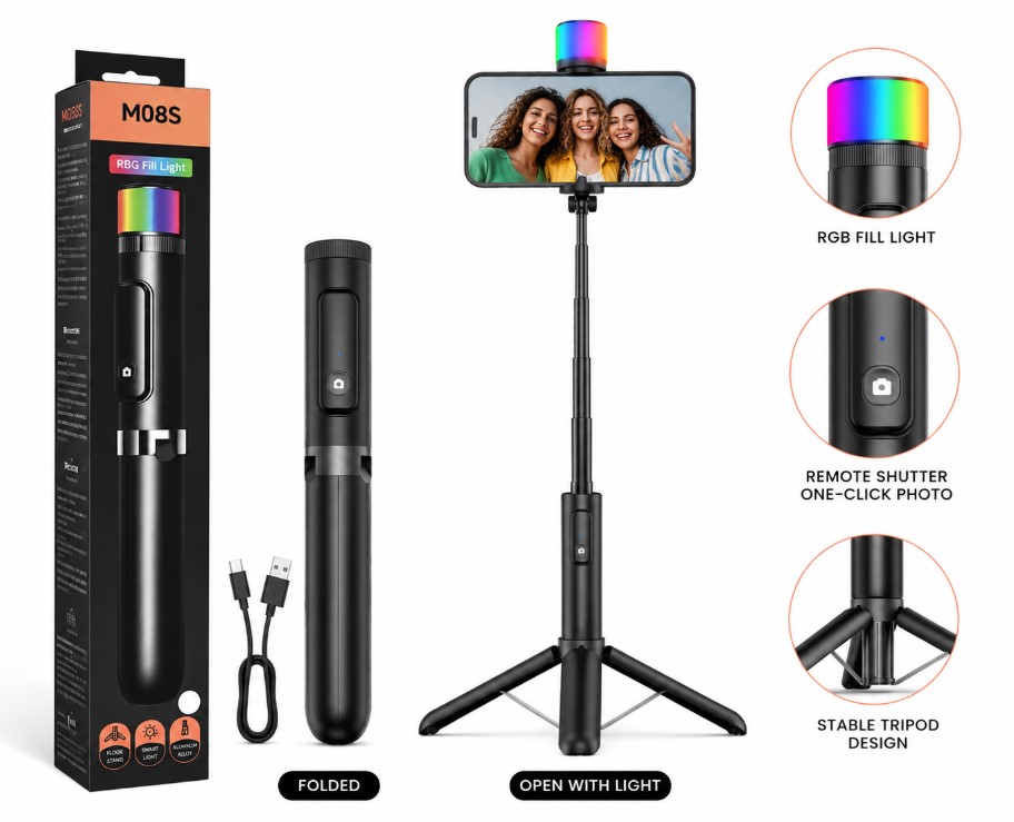 M08S Foldable Selfie Stick with Light
