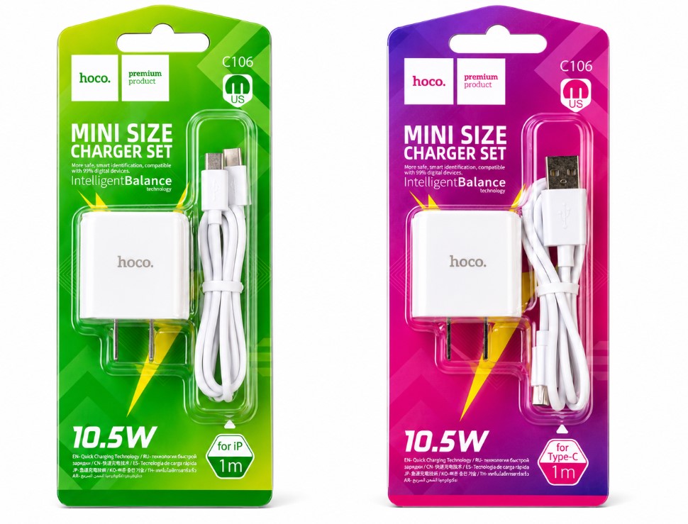 HOCO C106 Mini Size Charger Set (USB to Lightning & USB to Type-C)